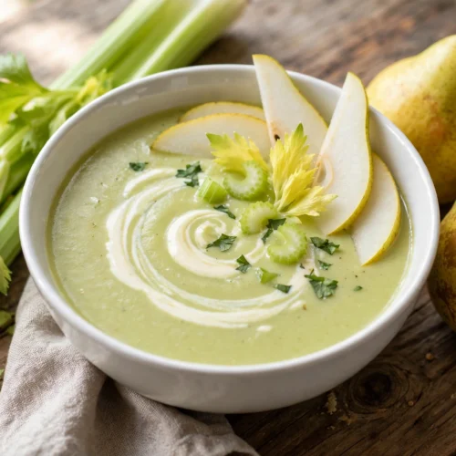 Rezept Sellerie Birnen Suppe – cremige Suppe in weißer Schale mit Sahneswirl, Birnenscheiben und Sellerieblättern