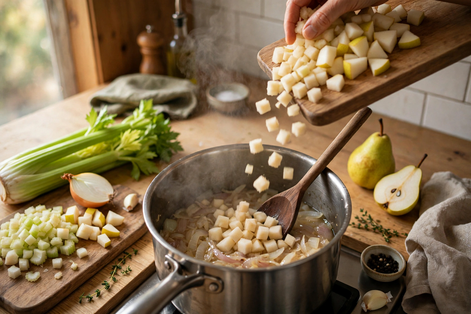 Rezept Sellerie Birnen Suppe – Sellerie- und Birnenwürfel werden in den dampfenden Topf gegeben