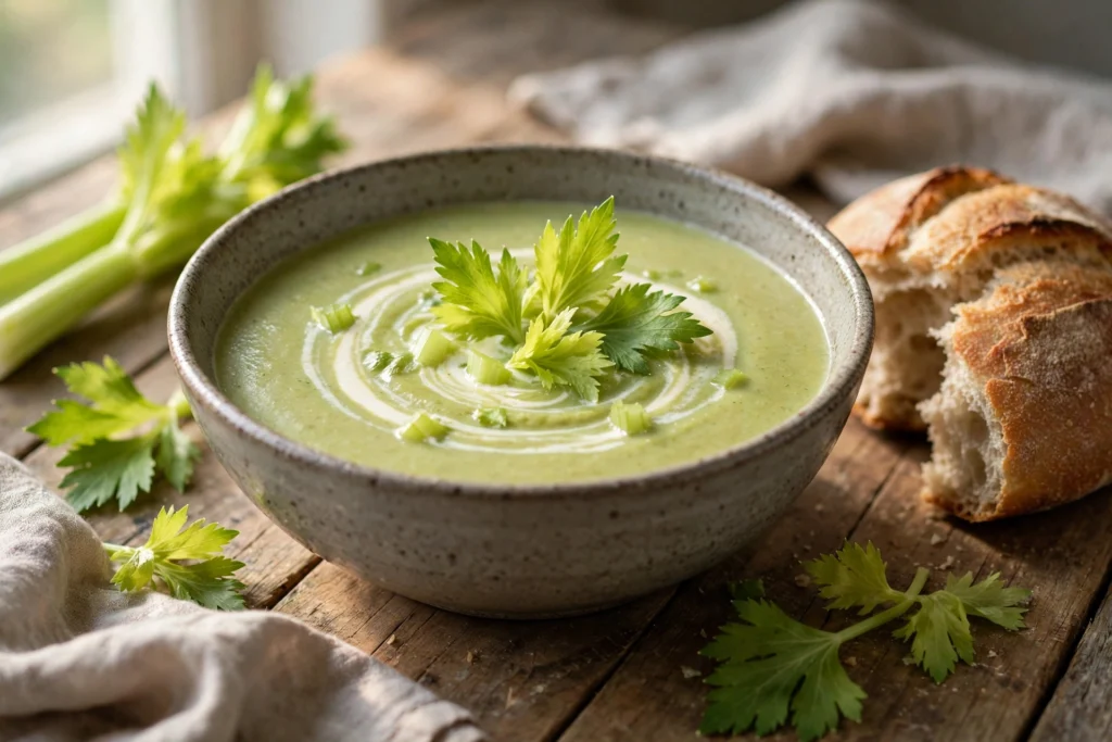 Sellerieblätter Suppe Rezept – cremige grüne Sellerieblätter-Suppe mit Sahnehäubchen und Petersilie in rustikaler Schale