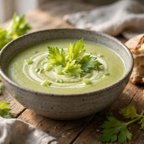 Sellerieblätter Suppe Rezept – cremige grüne Sellerieblätter-Suppe mit Sahnehäubchen und Petersilie in rustikaler Schale
