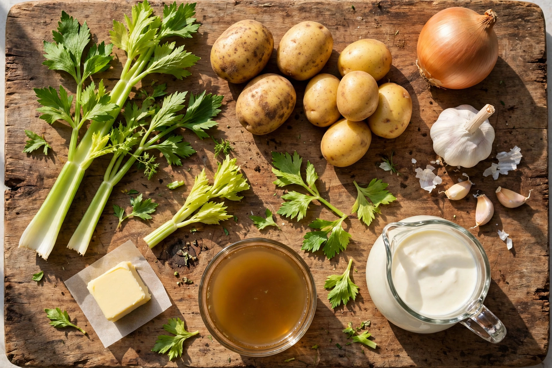 Sellerieblätter Suppe Rezept – Zutaten im Überblick: frische Sellerieblätter, Kartoffeln, Zwiebel, Knoblauch, Butter, Sahne und Gemüsebrühe