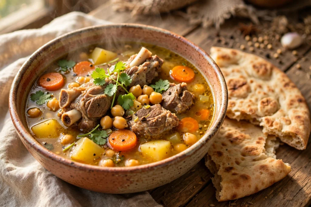 Shurpa Suppe Rezept – dampfende usbekische Lammsuppe mit Kichererbsen, Kartoffeln und Koriandergrün in einer Schale