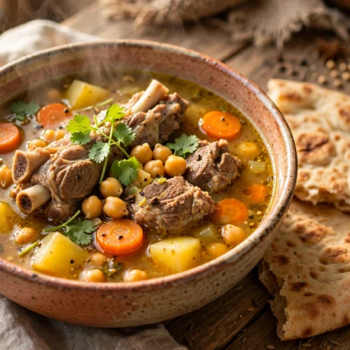 Shurpa Suppe Rezept – dampfende usbekische Lammsuppe mit Kichererbsen, Kartoffeln und Koriandergrün in einer Schale