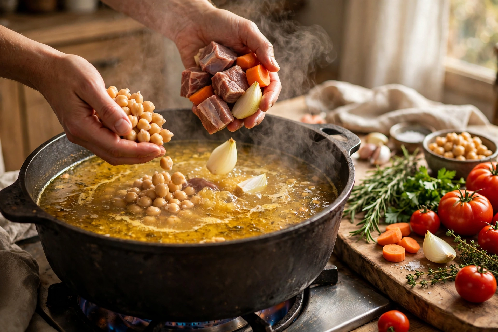 Shurpa Suppe Rezept – Lammfleisch, Möhren, Zwiebeln und Kichererbsen werden in den dampfenden Topf gegeben