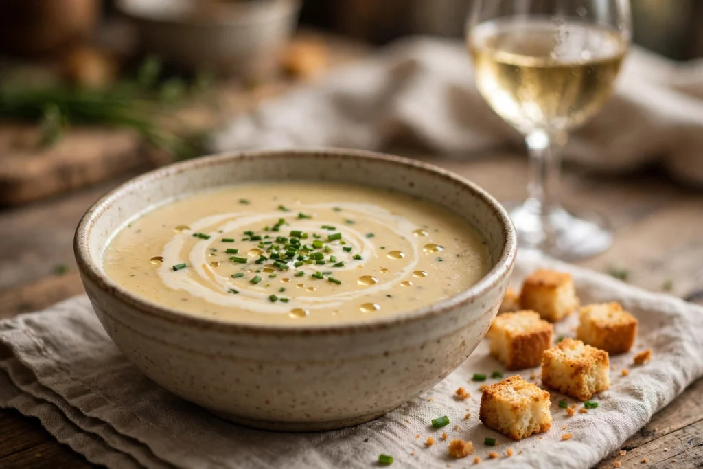 Silvaner Suppe Rezept – cremige Weinsuppe mit Sahnehäubchen, Schnittlauch und Croûtons in rustikaler Schale