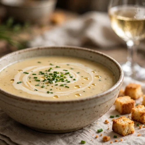 Silvaner Suppe Rezept – cremige Weinsuppe mit Sahnehäubchen, Schnittlauch und Croûtons in rustikaler Schale