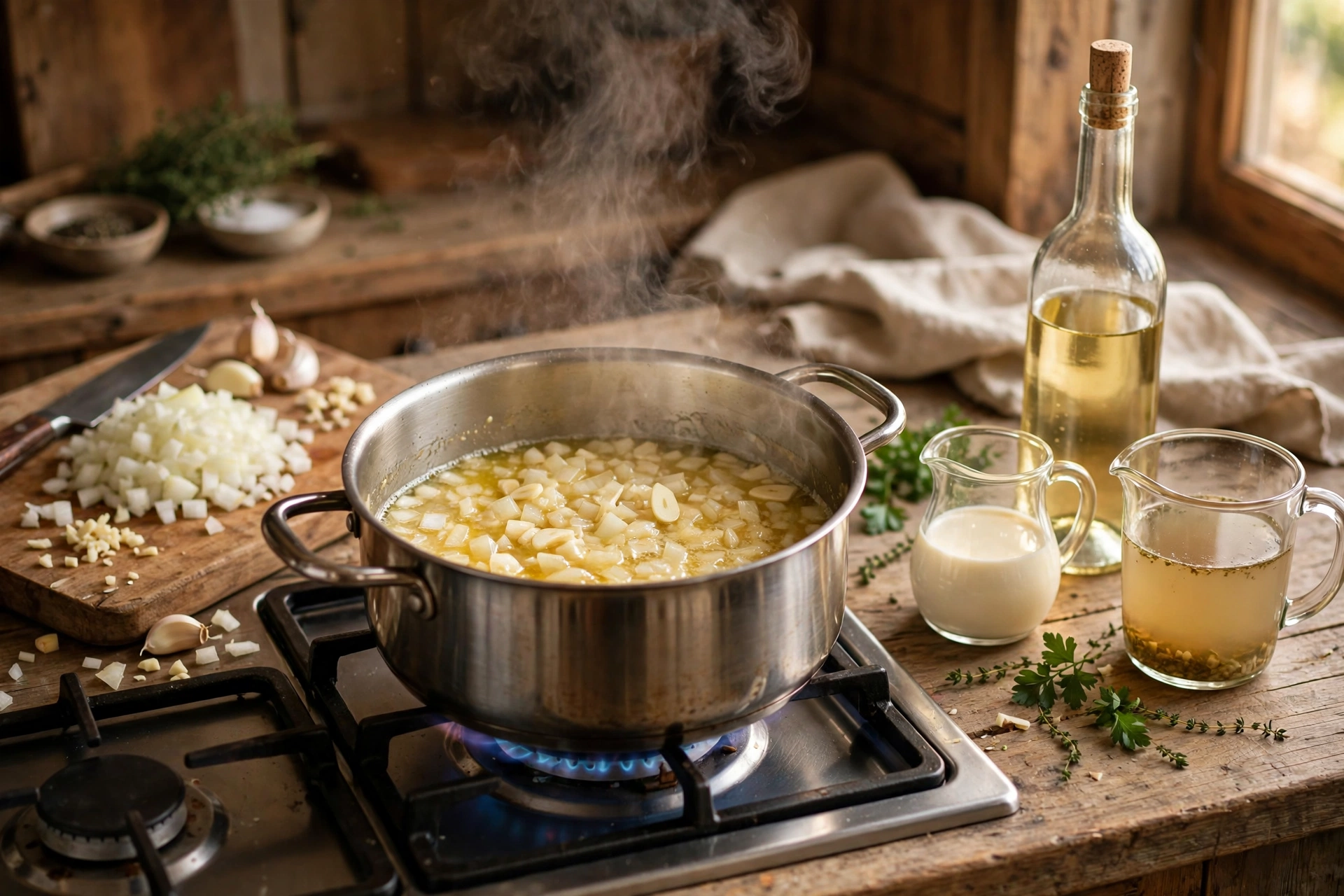 Silvaner Suppe Rezept – Zubereitung im Topf: Schalotten in Butter andünsten, Silvaner angießen und mit Brühe ablöschen