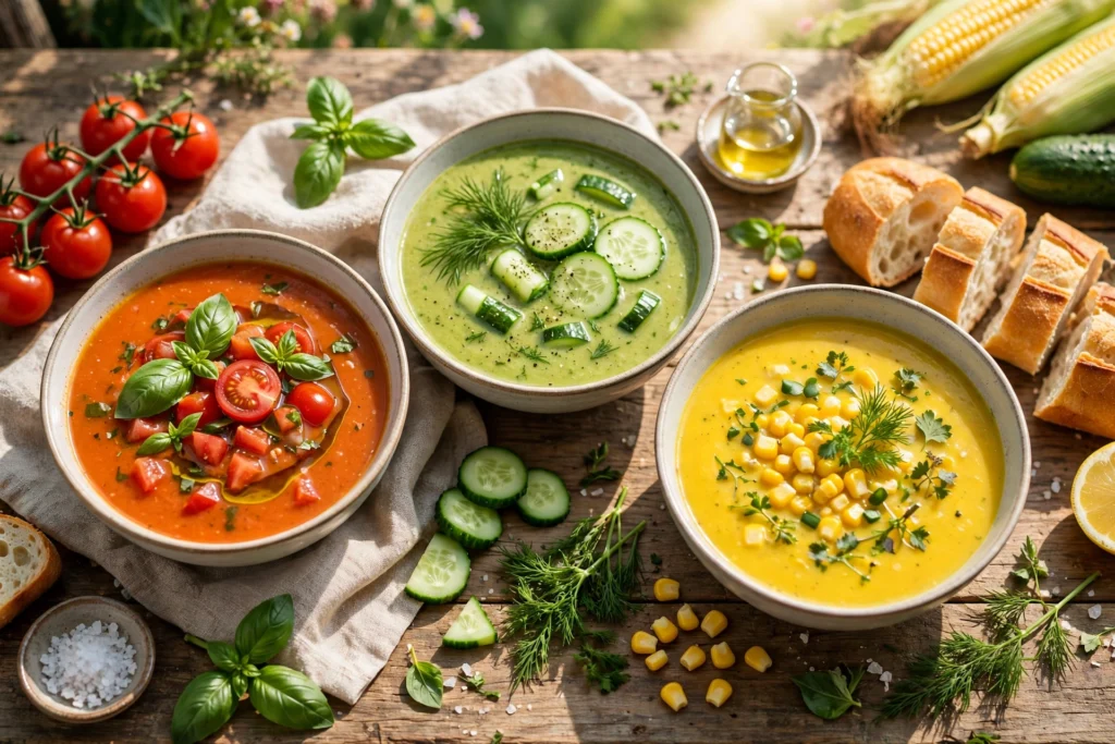 Sommer Suppe Rezept – bunte Sommersuppen in Schalen mit Kräutern und Brot auf einem Holztisch