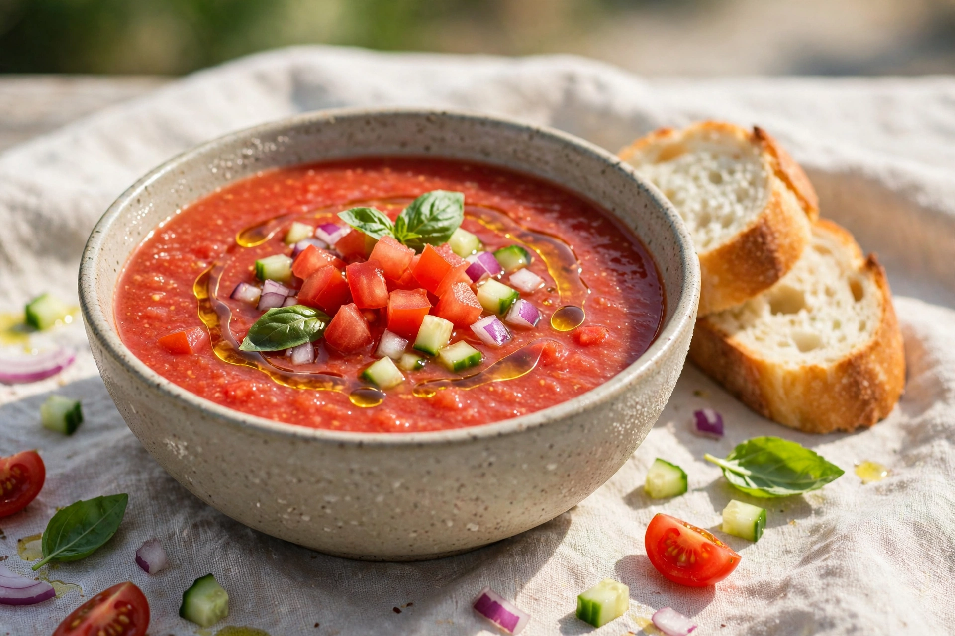 Sommer Suppe Rezept – kalte Gazpacho mit Tomaten, Gurke und Basilikum in einer Schale