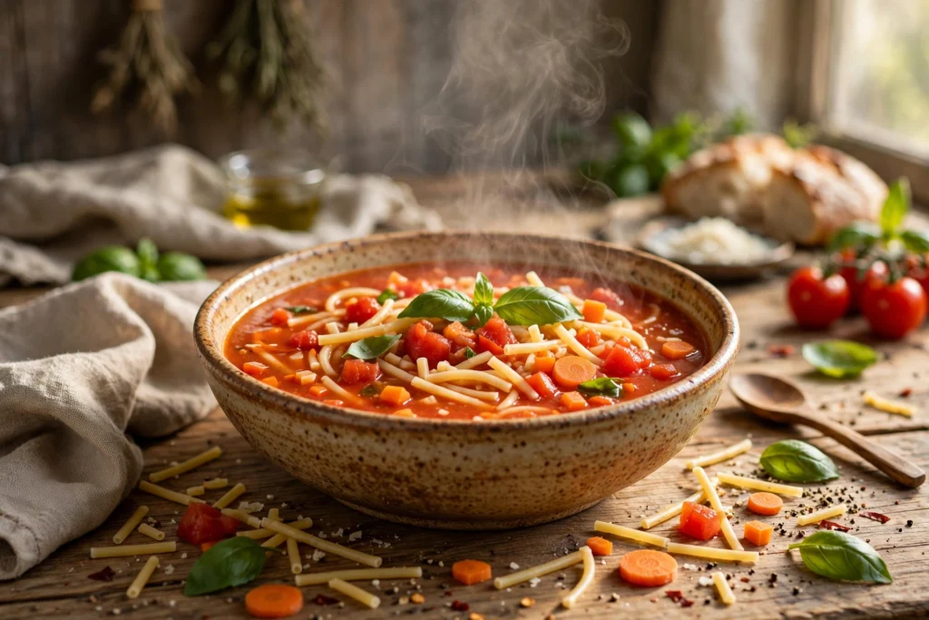 Spaghetti Suppe Rezept – dampfende Tomatensuppe mit gebrochenen Spaghetti, Karotten und Basilikum in einer Schale