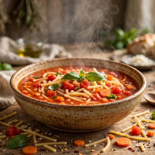Spaghetti Suppe Rezept – dampfende Tomatensuppe mit gebrochenen Spaghetti, Karotten und Basilikum in einer Schale