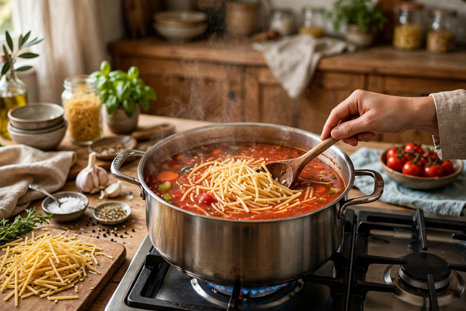 spaghetti suppe rezept – gebrochene Spaghetti werden in die dampfende Tomatensuppe gegeben