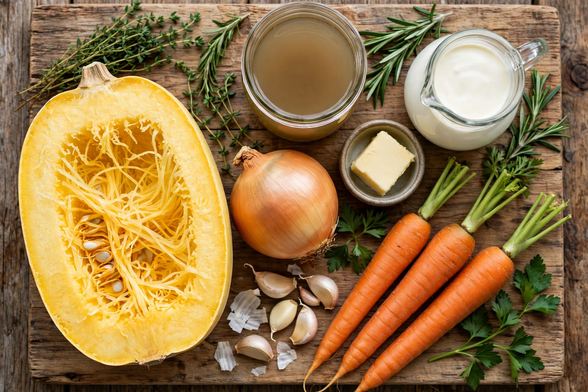 Spaghettikürbis Suppe Rezept – Zutaten im Überblick: halbierter Spaghettikürbis, Zwiebel, Knoblauch, Karotten, Sahne und Kräuter auf einem Holzbrett