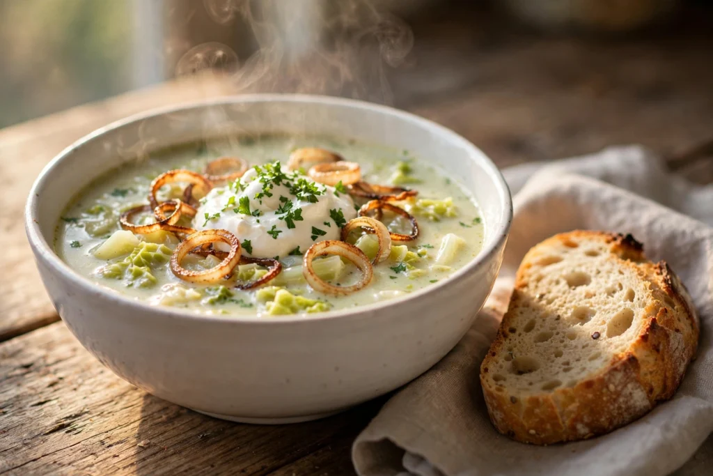 Spitzkohl Suppe Rezept – cremige Spitzkohl-Suppe mit Sahne, Petersilie und gerösteten Zwiebelringen