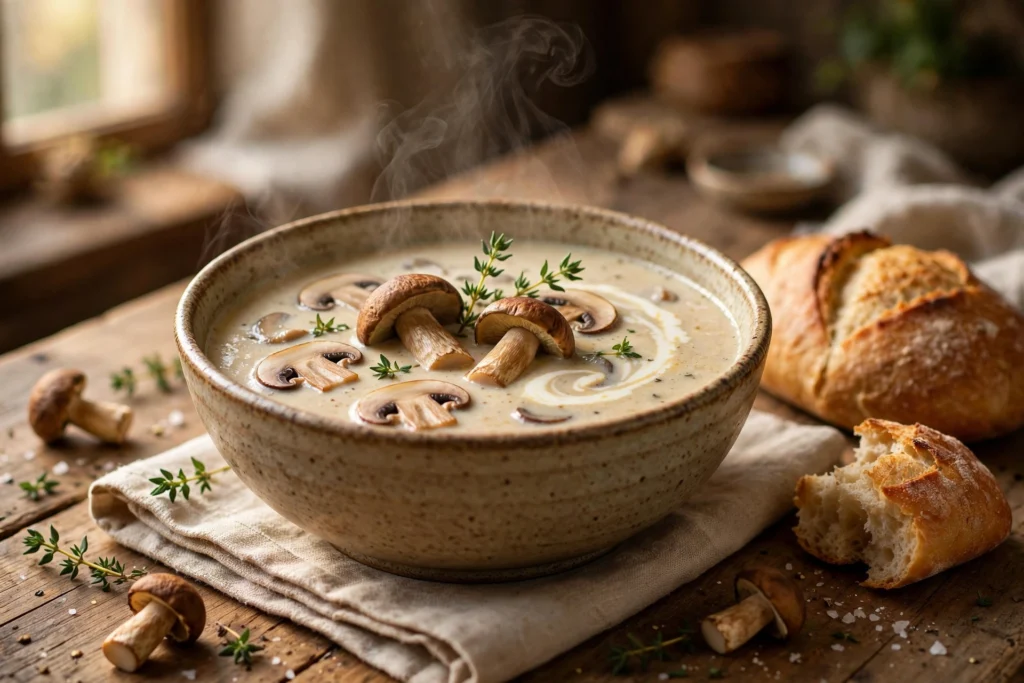 Steinpilze Suppe Rezept – cremige Steinpilzsuppe mit Thymian und Sahnehäubchen