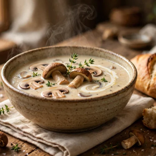 Steinpilze Suppe Rezept – cremige Steinpilzsuppe mit Thymian und Sahnehäubchen