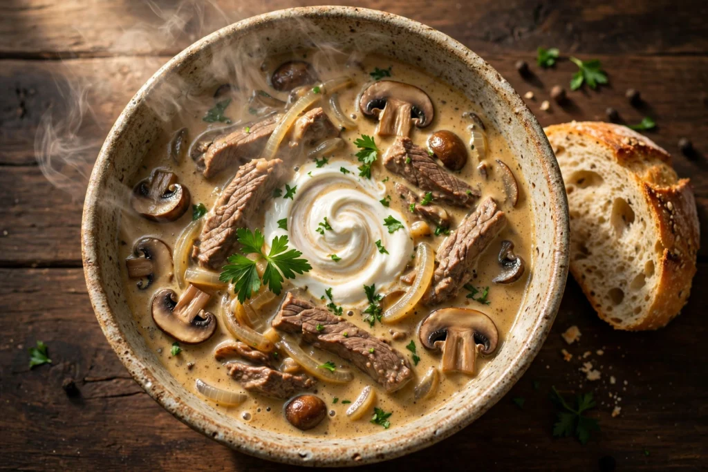 Stroganoff Suppe Rezept – cremige Stroganoff-Suppe mit Rinderstreifen, Champignons und saurer Sahne in einer rustikalen Schale