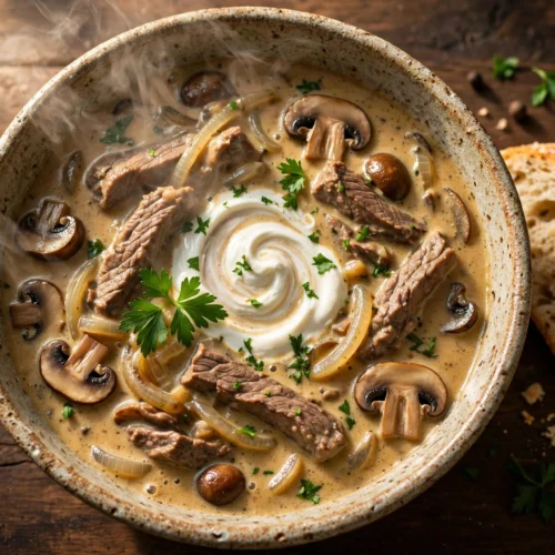 Stroganoff Suppe Rezept – cremige Stroganoff-Suppe mit Rinderstreifen, Champignons und saurer Sahne in einer rustikalen Schale