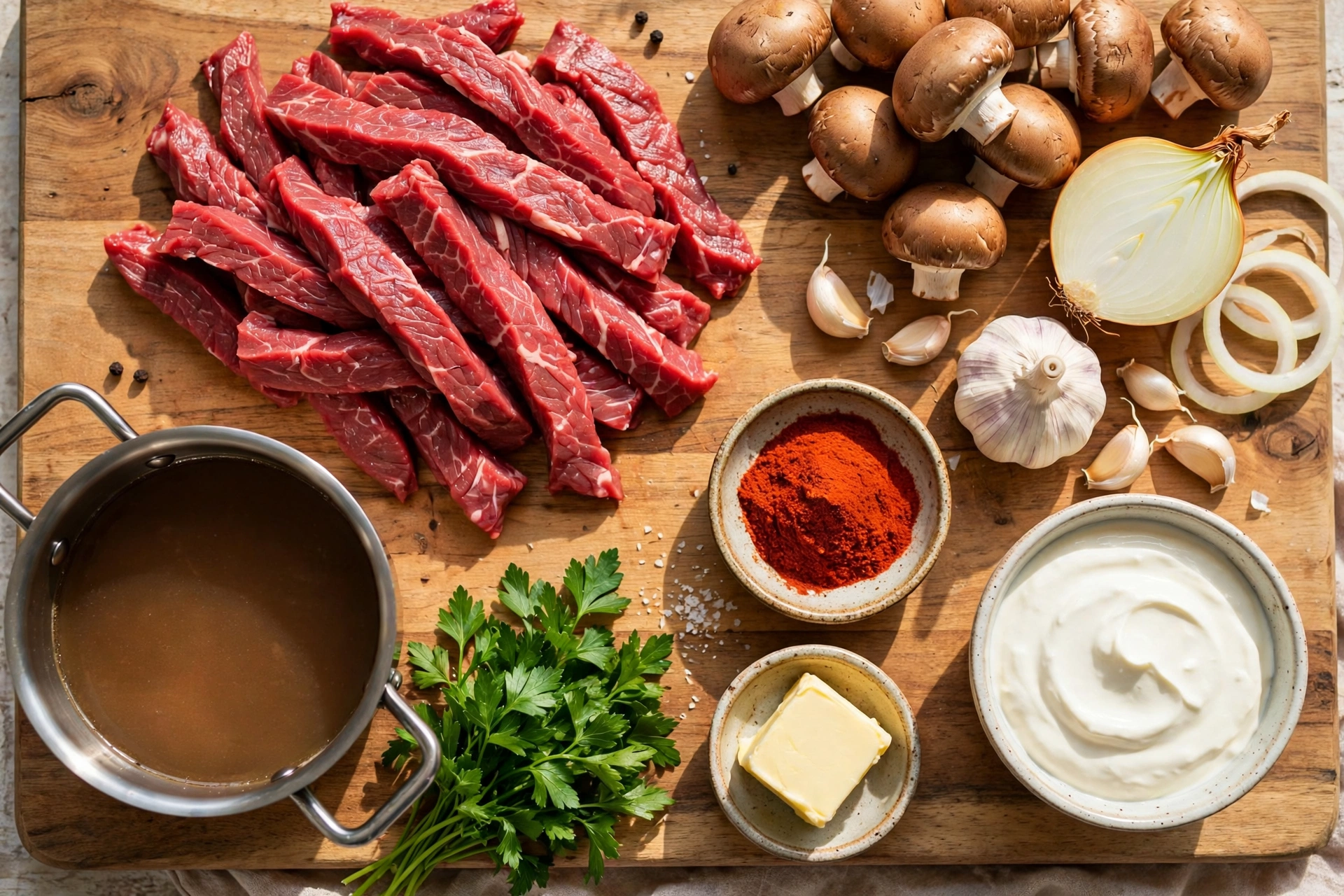 Stroganoff Suppe Rezept – Zutaten im Überblick: Rinderstreifen, Champignons, Zwiebeln, saure Sahne, Paprikapulver und Rinderbrühe auf einem Holzbrett