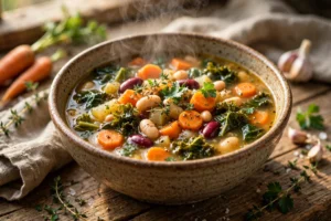 Suppe der Hundertjährigen Rezept – herzhafter Gemüse-Bohnen-Eintopf mit Karotten, Bohnen und Kräutern in einer rustikalen Schale