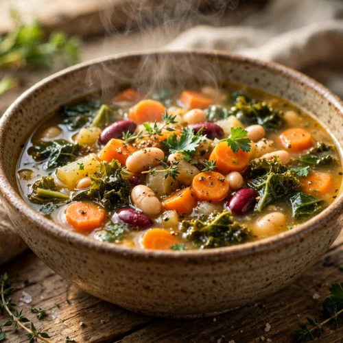 Suppe der Hundertjährigen Rezept – herzhafter Gemüse-Bohnen-Eintopf mit Karotten, Bohnen und Kräutern in einer rustikalen Schale