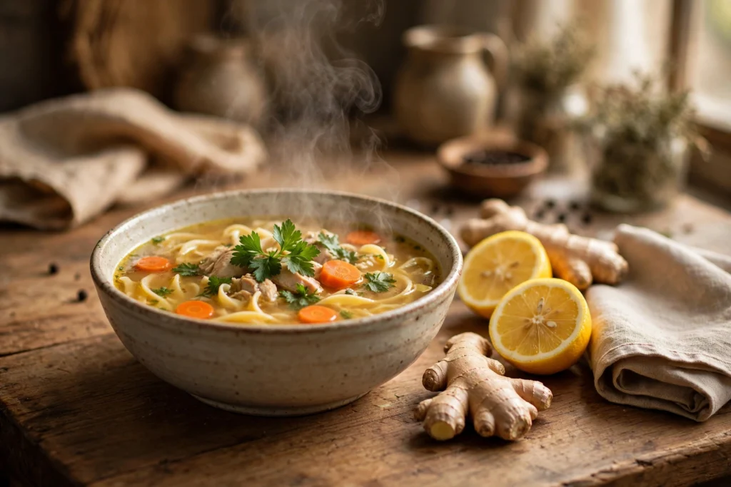 Suppe Erkältung Rezept – dampfende Hühnersuppe mit Karotten und Petersilie