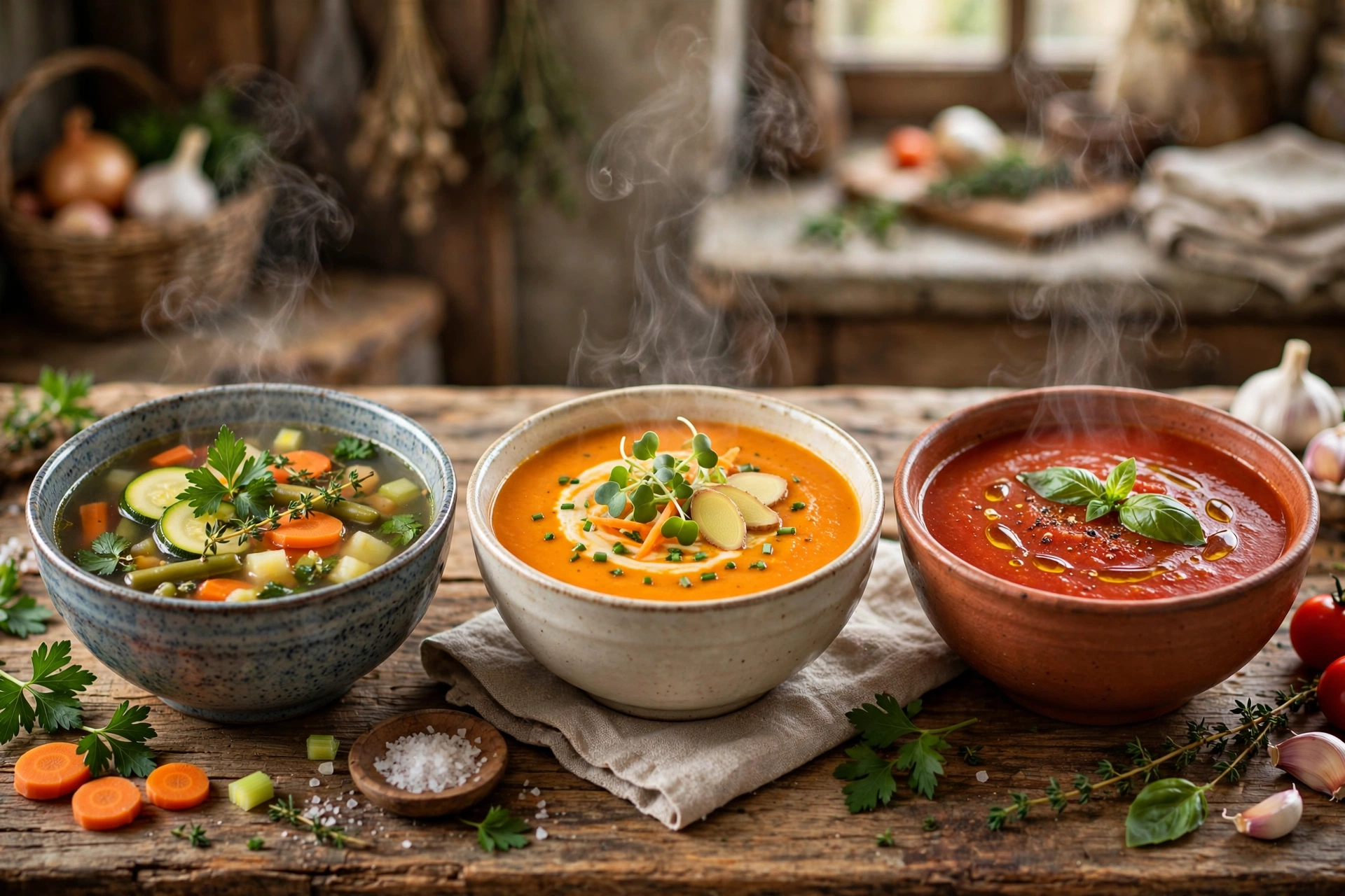 Suppe Erkältung Rezept – drei wohltuende Suppen in Schüsseln