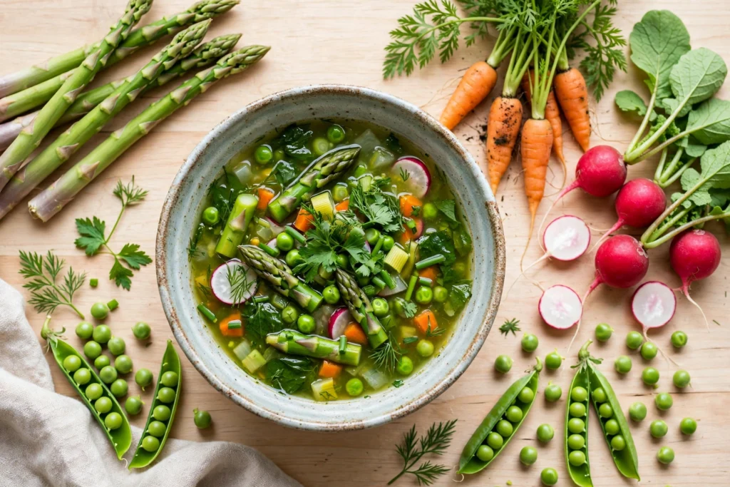 Suppe Frühling Rezept – Helle Frühlingssuppe mit Spargel, Erbsen und Kräutern in einer Schale