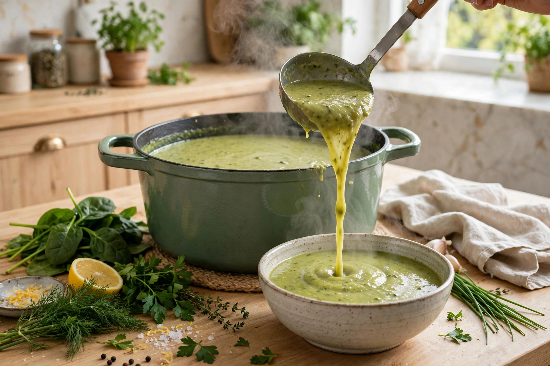 Suppe Frühling Rezept – Cremige grüne Frühlingssuppe wird in eine Schüssel geschöpft