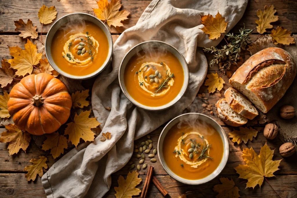 Suppe Herbst Rezept – dampfende Herbstsuppen mit Kürbis, Brot und Herbstblättern
