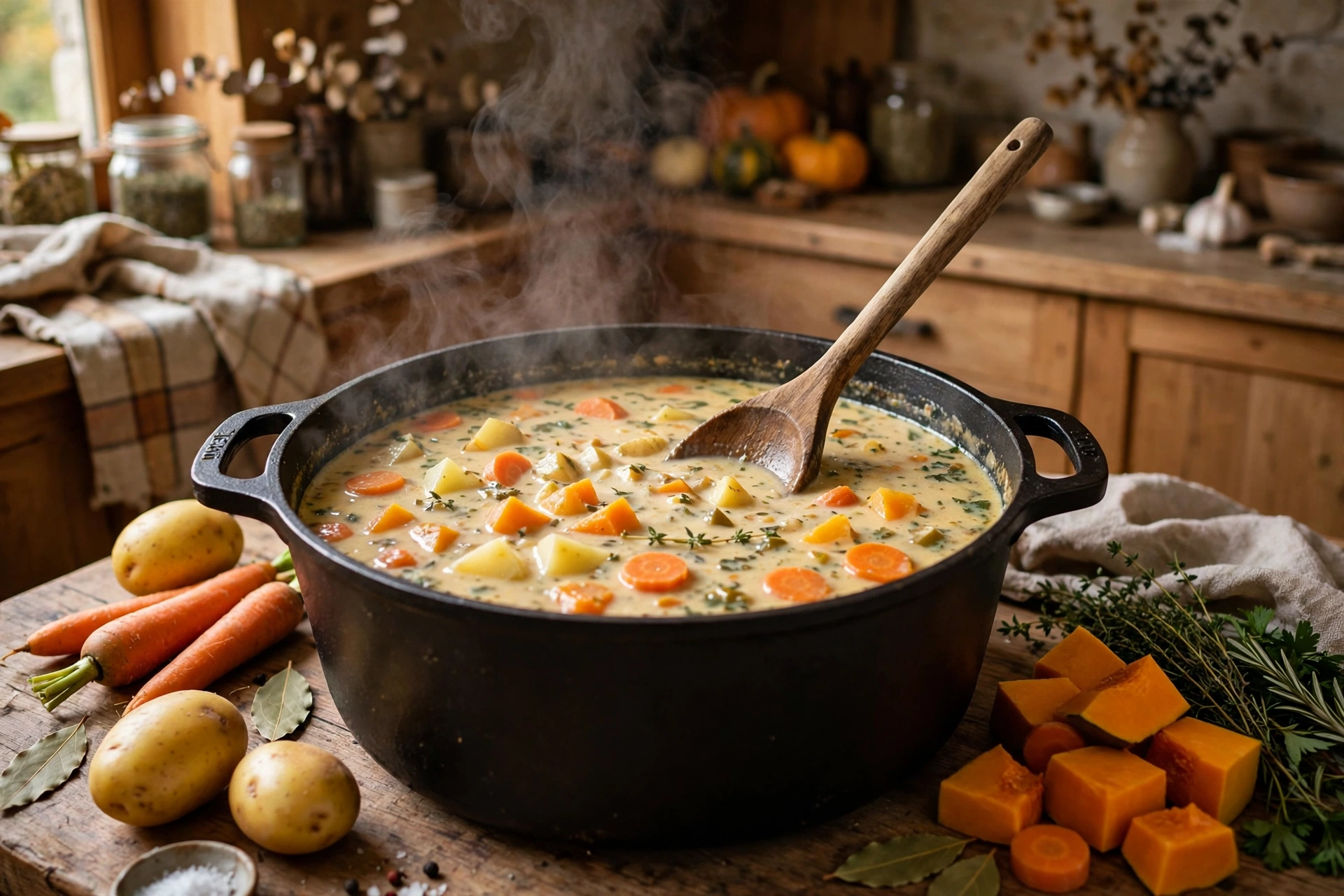 Suppe Herbst Rezept – cremige Herbstsuppe wird in einem Topf gerührt