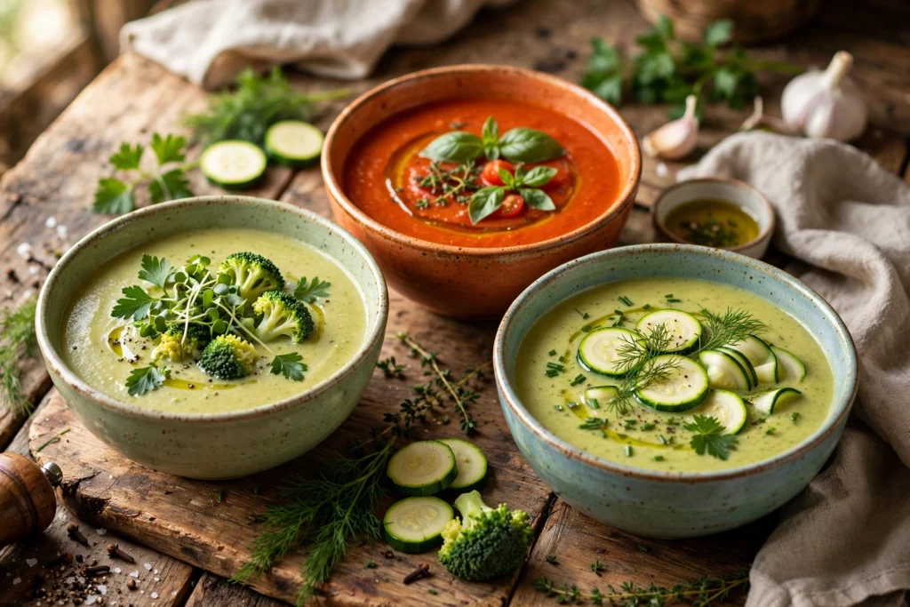 Suppe Low Carb Rezept – Bunte Low-Carb-Suppen auf einem Holztisch mit frischem Gemüse