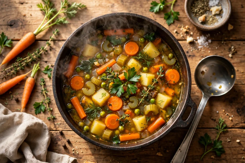Suppe Rezept – Bunter Gemüsetopf mit Suppe, Karotten und Kräutern auf Holztisch
