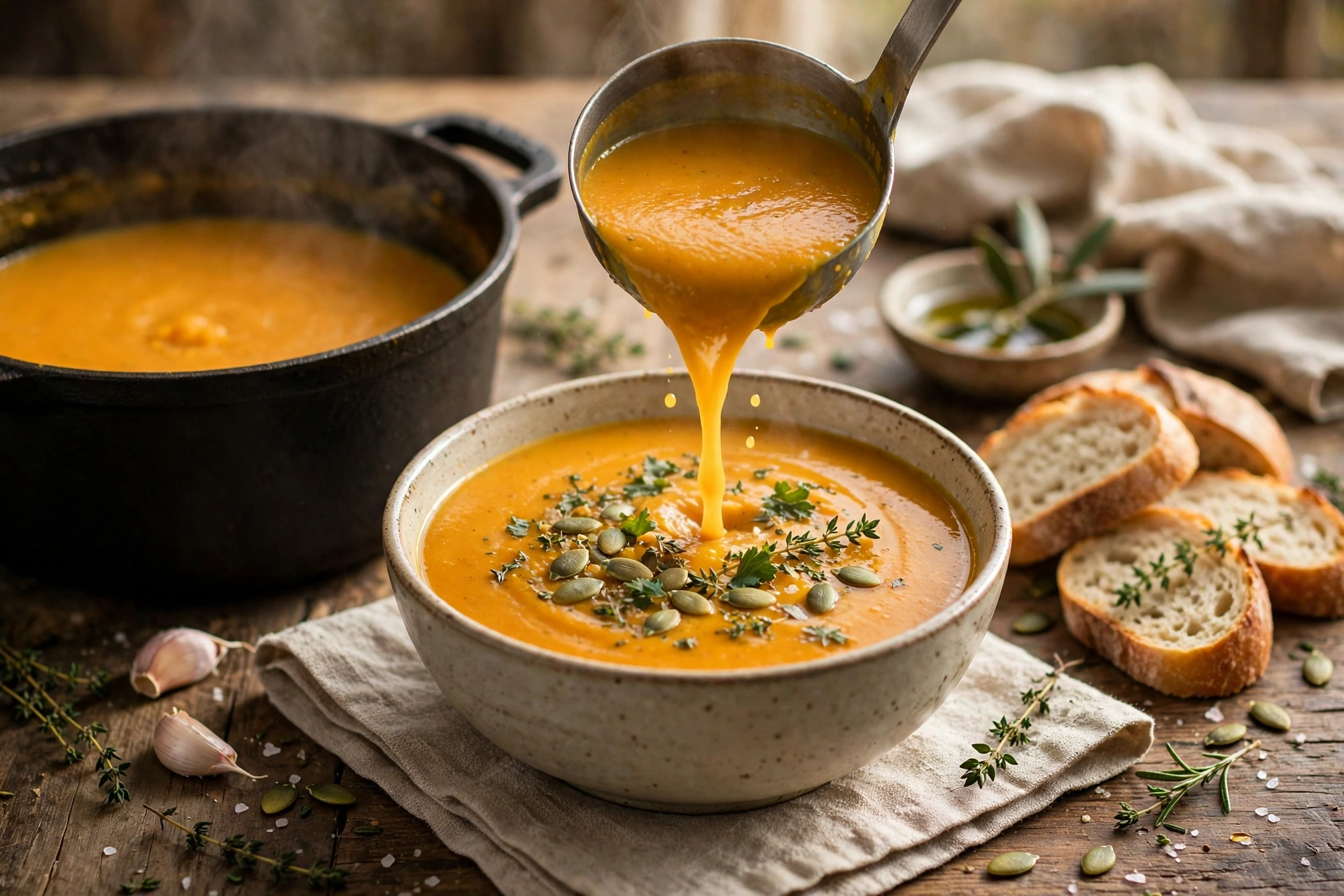Suppe Rezept – Cremige Kürbissuppe wird aus einem Topf in eine Schüssel geschöpft