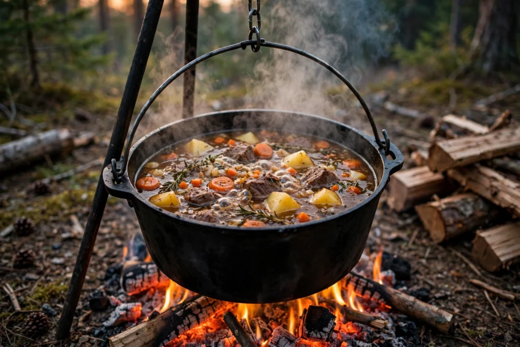 Suppe über Feuer Rezept – deftiger Feuertopf-Eintopf mit Rindfleisch und Gemüse über offenem Lagerfeuer im gusseisernen Topf