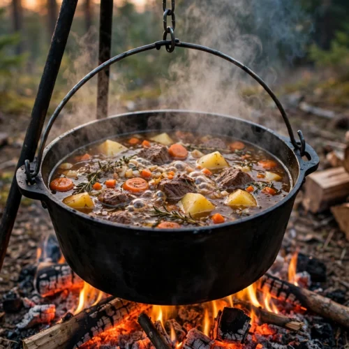 Suppe über Feuer Rezept – deftiger Feuertopf-Eintopf mit Rindfleisch und Gemüse über offenem Lagerfeuer im gusseisernen Topf