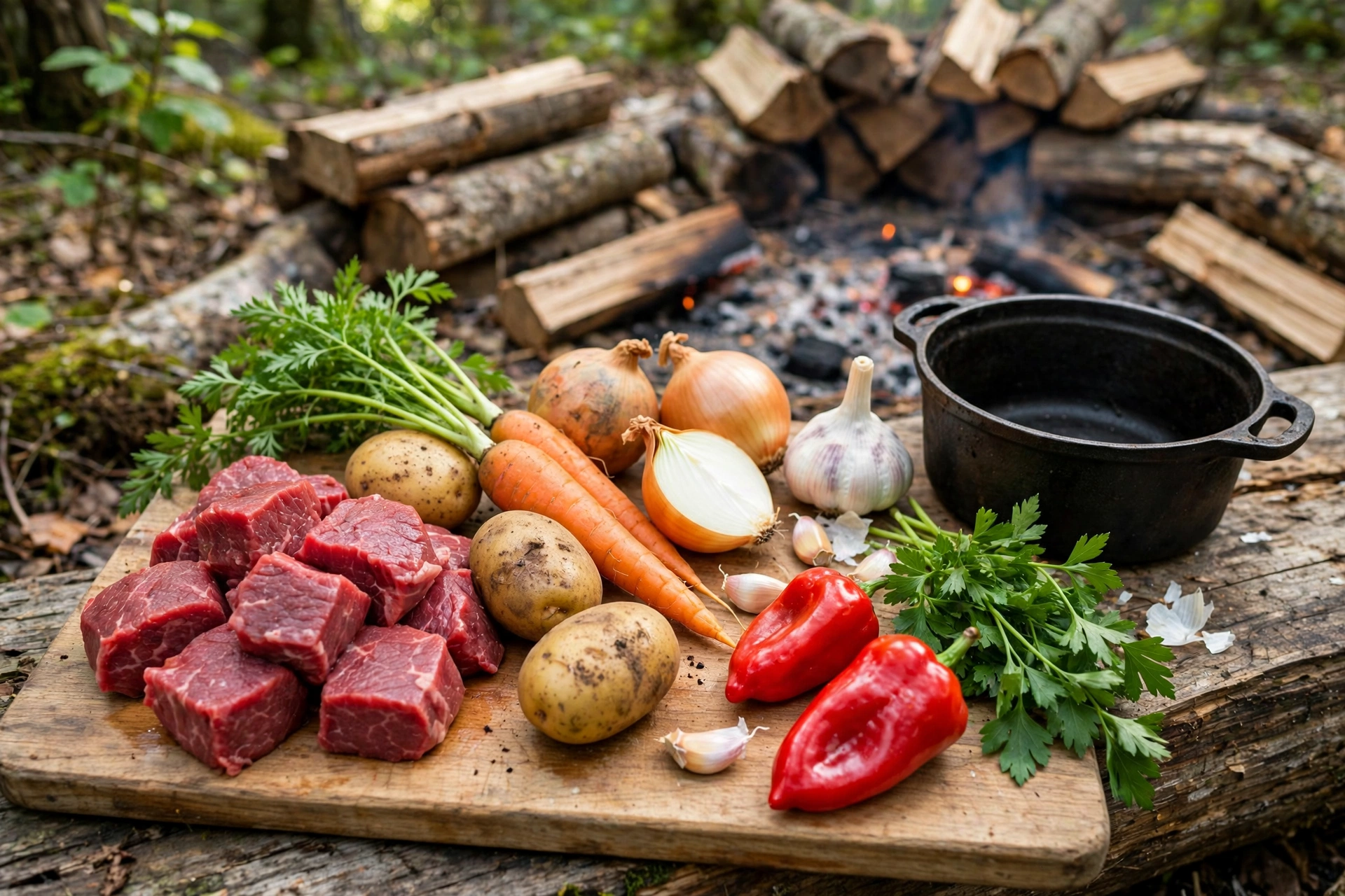 Suppe über Feuer Rezept – Zutaten im Überblick: Rindfleisch, Kartoffeln, Karotten, Zwiebeln, Paprika, Knoblauch und Gewürze für den Feuertopf