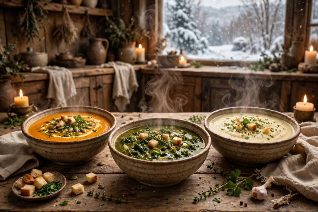 Suppe Winter Rezept – dampfende Wintersuppen in Schalen auf einem Holztisch in gemütlicher Winterküche