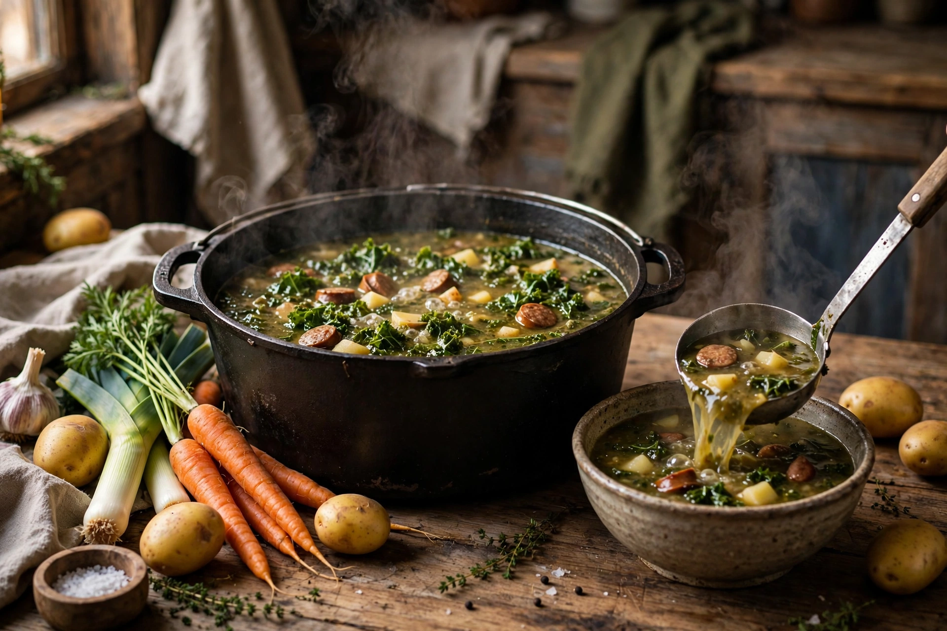 Suppe Winter Rezept – Grünkohlsuppe mit Kartoffeln wird aus einem Topf in eine Schale geschöpft