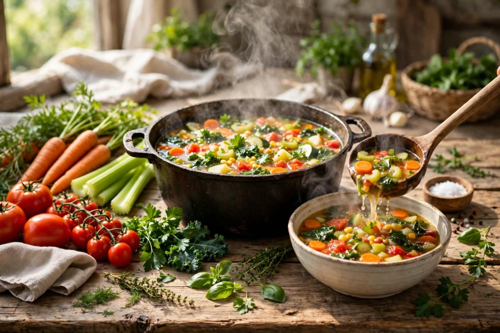 Suppe zum Abnehmen Rezept – Gemüsesuppe wird in eine Schüssel geschöpft
