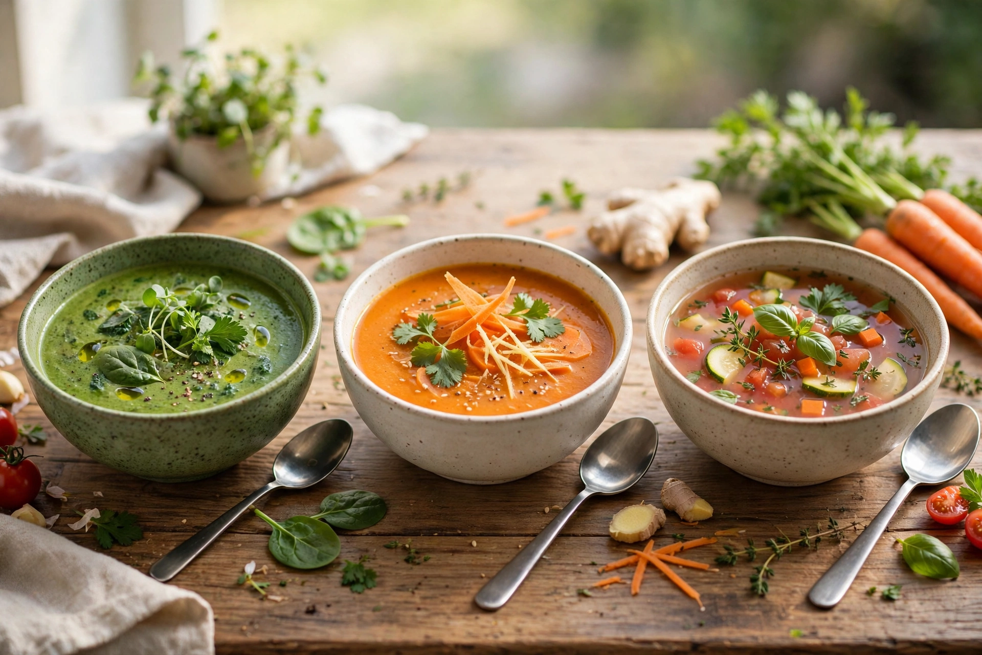 Suppe zum Abnehmen Rezept – drei leichte Gemüsesuppen in Schüsseln