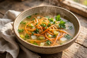 Suppengrün Suppe Rezept – klare Suppe aus Suppengrün mit Karotten, Sellerie und Petersilie, dampfend in rustikaler Schale