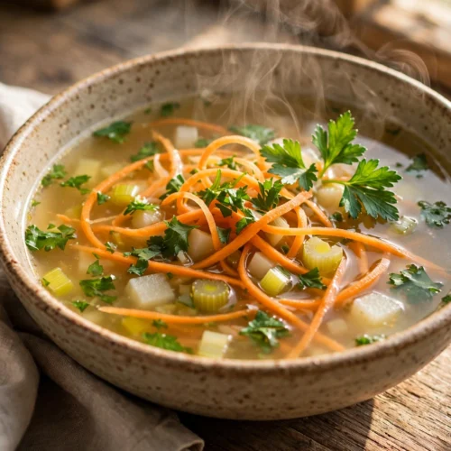 Suppengrün Suppe Rezept – klare Suppe aus Suppengrün mit Karotten, Sellerie und Petersilie, dampfend in rustikaler Schale