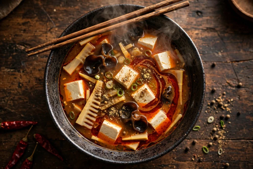 Szechuan Suppe Rezept – dampfende Schale mit Tofu, Pilzen, Chiliöl und Frühlingszwiebeln