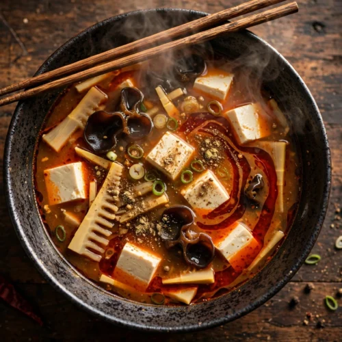 Szechuan Suppe Rezept – dampfende Schale mit Tofu, Pilzen, Chiliöl und Frühlingszwiebeln