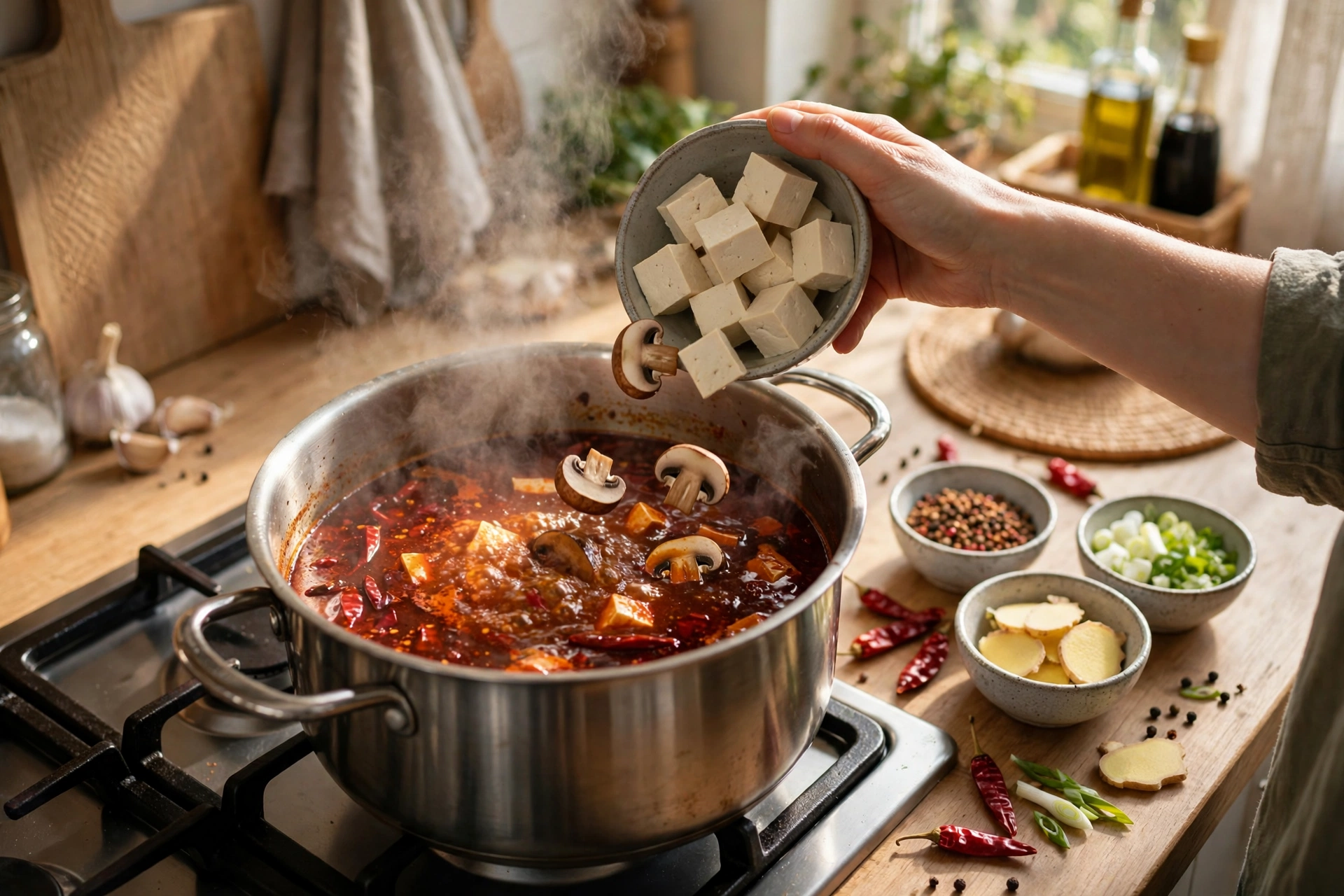 Szechuan Suppe Rezept – Tofu und Pilze werden in die köchelnde, würzige Brühe gegeben