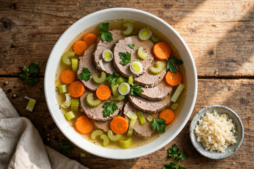 Tafelspitz Suppe Rezept – klare Rindsuppe mit zartem Tafelspitz, Karotten und Petersilie in weißer Schüssel