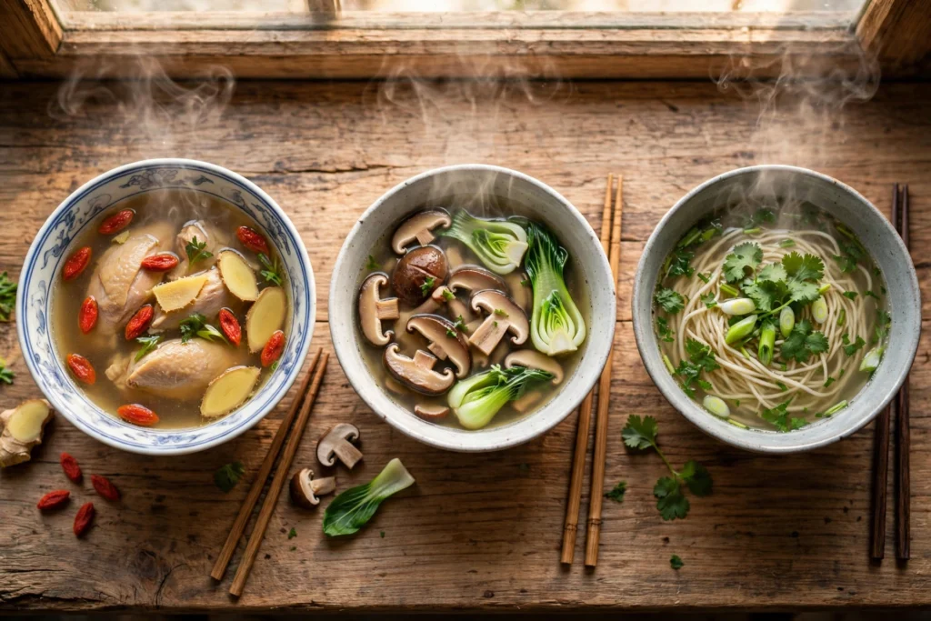 TCM Suppe Rezept – drei wärmende Suppen mit Huhn, Pilzen und Kräutern