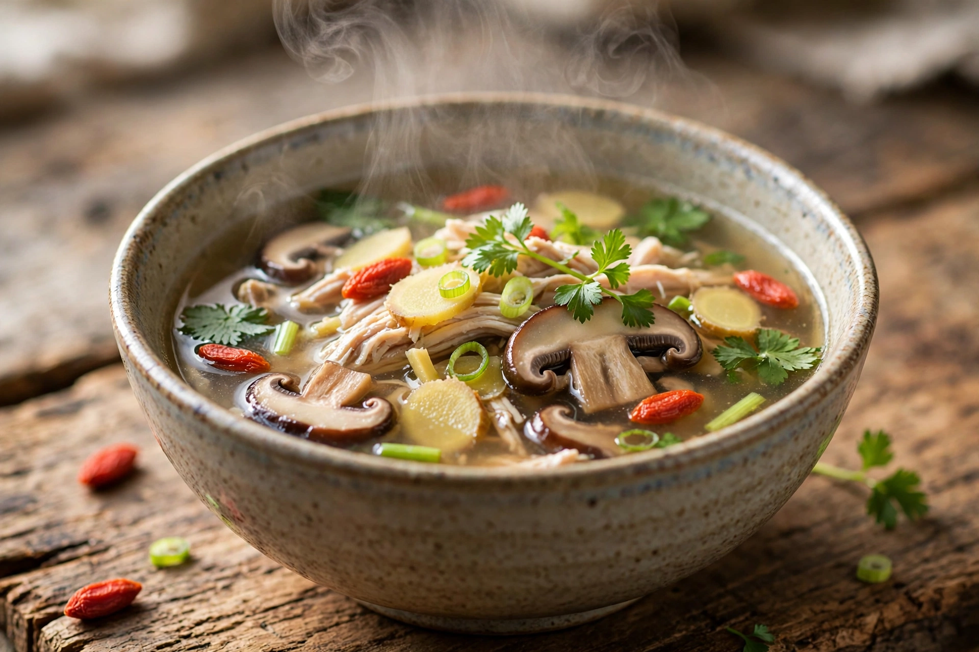TCM Suppe Rezept – klare Hühnerbrühe mit Goji-Beeren und Ingwer