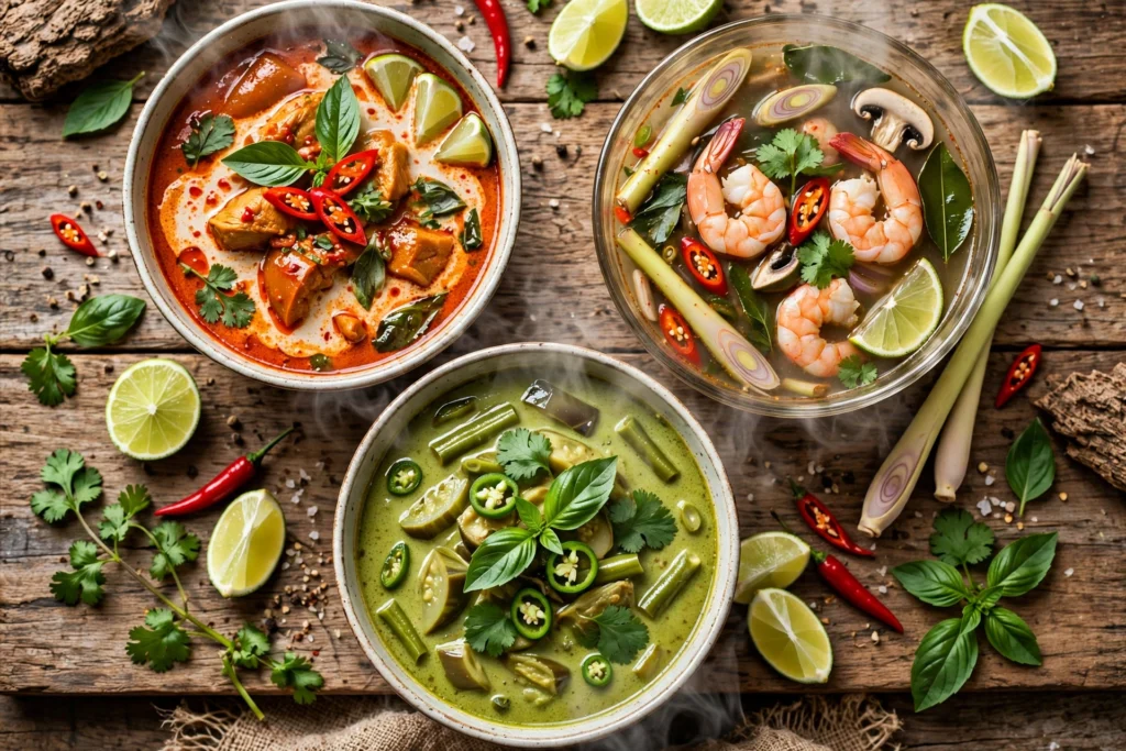 Thai Suppe Rezept – verschiedene thailändische Suppen in Schalen mit Chili, Limette und Kräutern